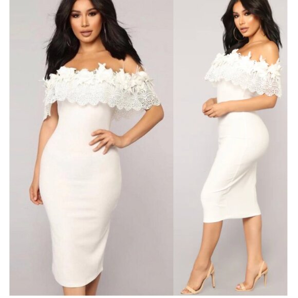 Fashion Nova NWT White Floral Lace Body con Midi Dress size L - Picture 1 of 12
